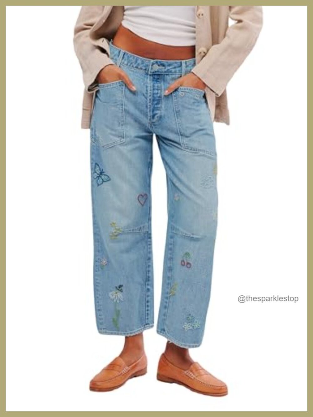 Embroidered Barrel Jeans High Rise Wide Leg Stretchy Boyfriend Denim Pants